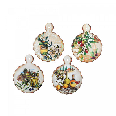 Round Paddle Board Ceramic Trivet Olives Coaster - Set of 4|Sous-plat rond en forme de pagaie orné d’olives, en céramique - ensemble de 4