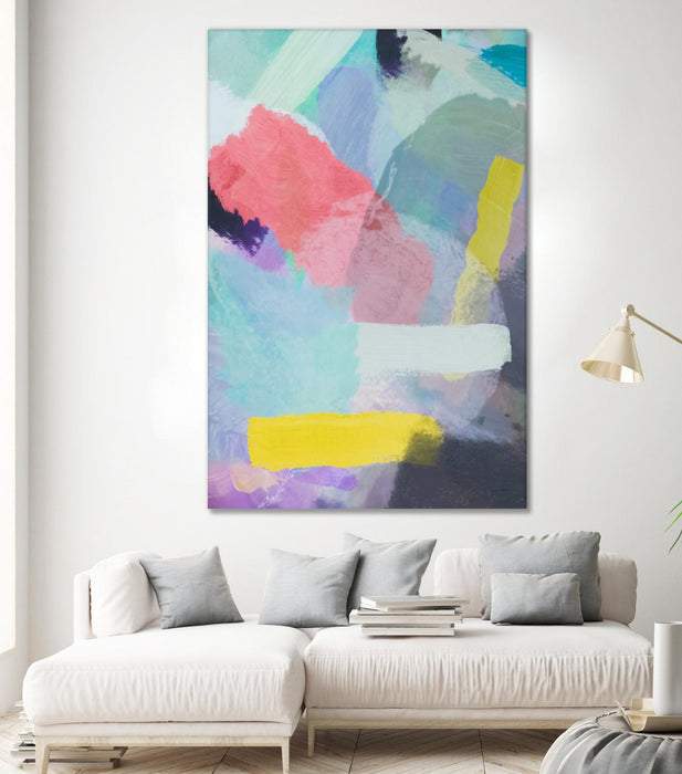 Œuvre d’art murale Giant Art « Brush Painting Texture Abstract In Blue Pink Yellow Green » 84 x 54