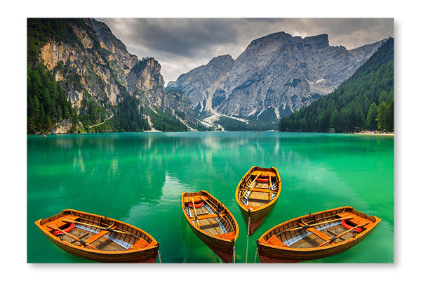 Beautiful Mountain Lake with Wooden Boats in Dolomites, Italy 24x36 Wall Art Fabric Panel Without Frame