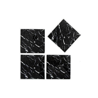 4 Pc Square Glass Coasters Black Marble|4 sous-verre carrés en verre d’apparence marbre noir