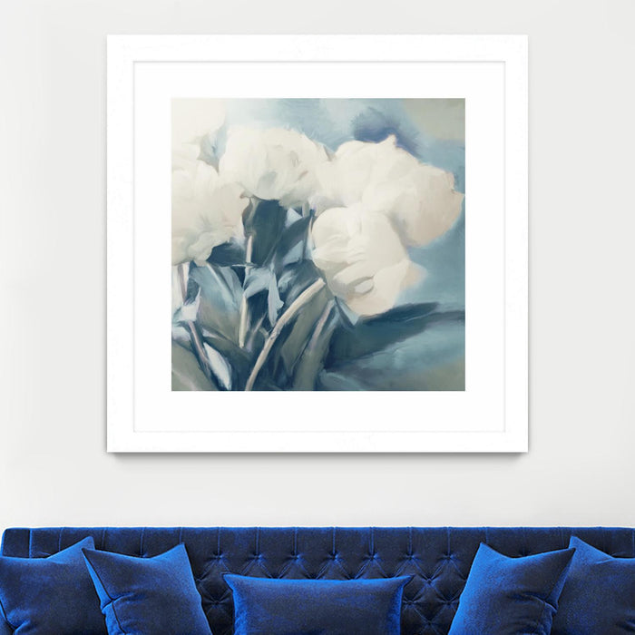 Œuvre d’art murale encadrée blanche et mate « White Roses I » 30 x 30