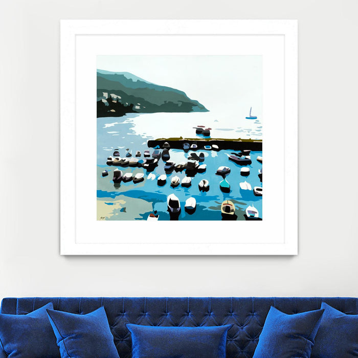 Œuvre d’art murale encadrée blanche et mate « Boats » 30 x 30