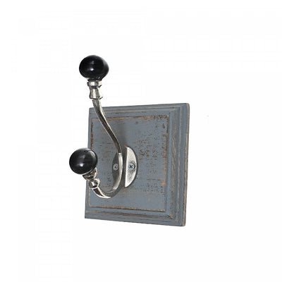 Antique Nickel Hook with Black Knob on Wood Base Grey-wash - Set of 2 Hooks|Crochet de couleur nickel antique avec boutons noirs et base en bois gris délavé - ensemble de 2 crochets