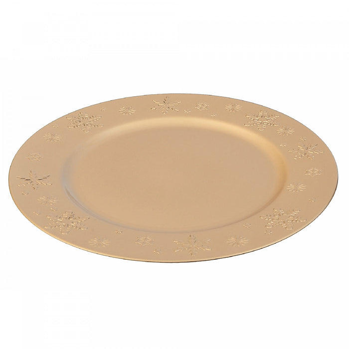 Assiette de présentation dorée ornée de flocons de neige