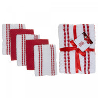 Paquet de 5 linges à vaisselle rayés rouge en tissu éponge pour la cuisine