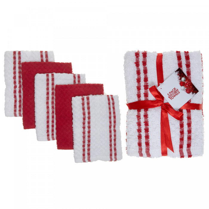Paquet de 5 linges à vaisselle rayés rouge en tissu éponge pour la cuisine