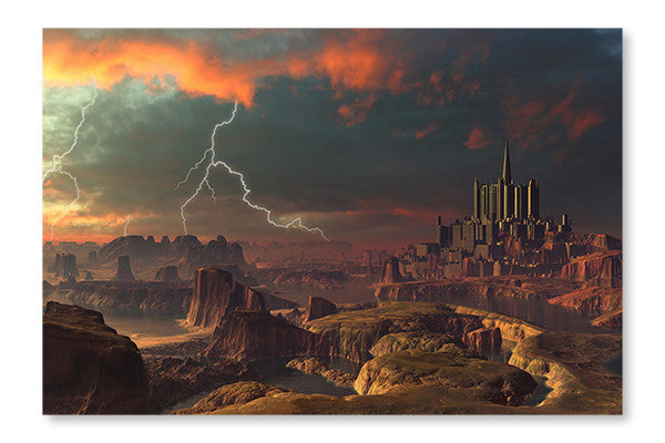  Electric Storm Over Distant Alien City 28 po x 42 po : Cadre d'art mural et panneau de tissu