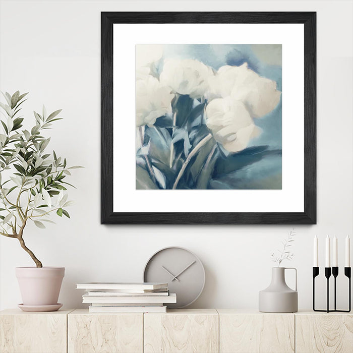 Œuvre d’art murale encadrée noire et mate « White Roses I » 30 x 30