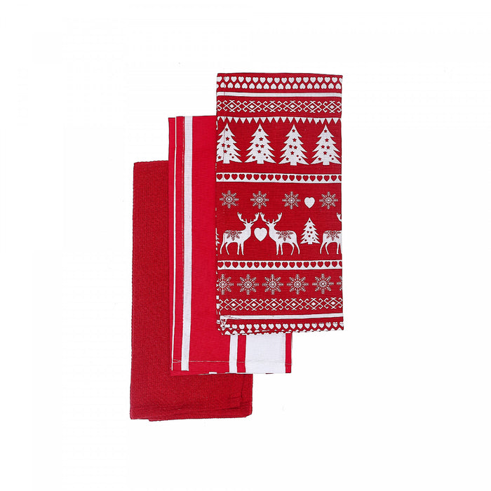 Ensemble de 3 linges à vaisselle rouges à motif de rennes