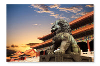 Bronze Lion in The Forbidden City 16 po x 24 po : Oeuvre d’art murale en panneau de tissu sans cadre