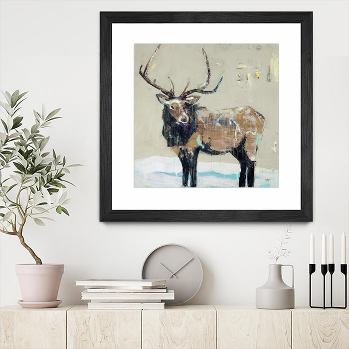 Œuvre d’art murale encadrée noire et mate « Winter Elk Neutral » 30 x 30