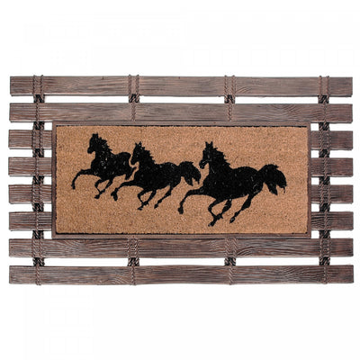 Running Horses Rubber Fence with Coir Floormat|Tapis de plancher représentant une clôture en caoutchouc avec fibre de coco orné de chevaux au galop
