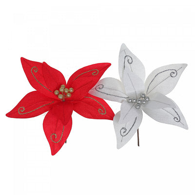 Glitter Swirl Poinsettia Pick - Set of 12 Artificial Flower|Décoration florale avec poinsettia à motif de spirale à paillettes - ensemble de 12 fleurs artificielles