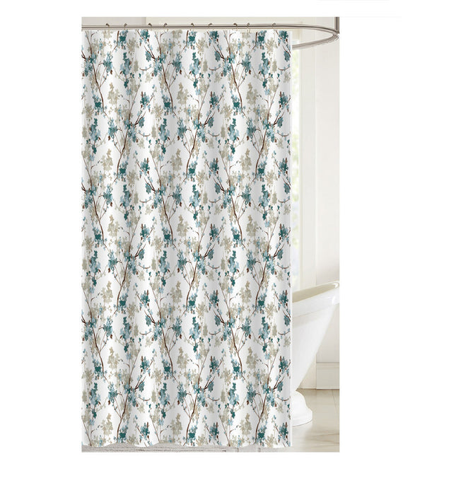 Rideau de douche en toile imprimée d’un motif floral avec crochets à rouleau