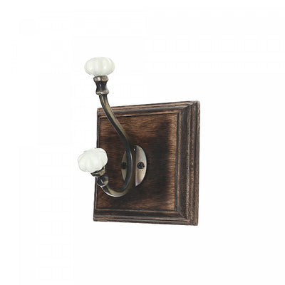 Antique Brass Hook with Flower Knob on Wood Base Walnut - Set of 2 Hooks|Crochet de couleur laiton antique avec boutons en forme de fleur et base en bois de couleur noisette - ensemble de 2 crochets
