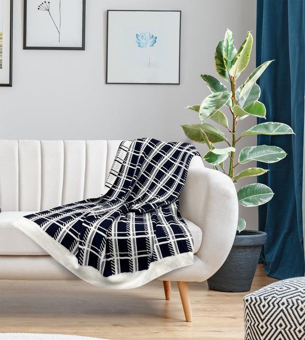 Jeté Cambridge bleu marine et blanc - 50x60