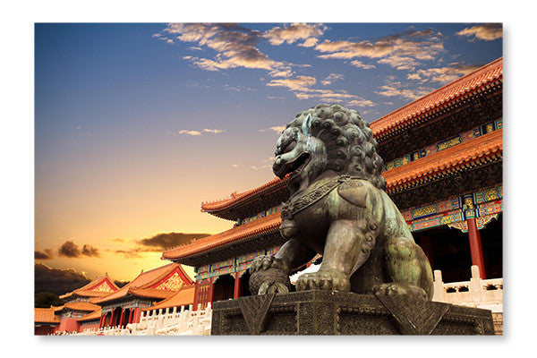Bronze Lion in The Forbidden City 28x42 Wall Art Fabric Panel Without Frame