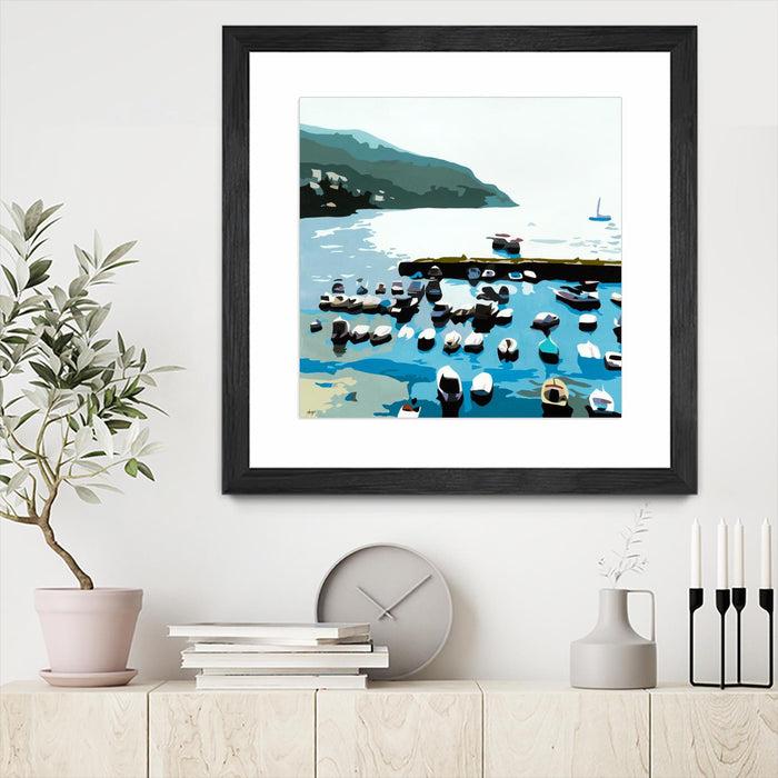 Œuvre d’art murale encadrée noire et mate « Boats » 36 x 36