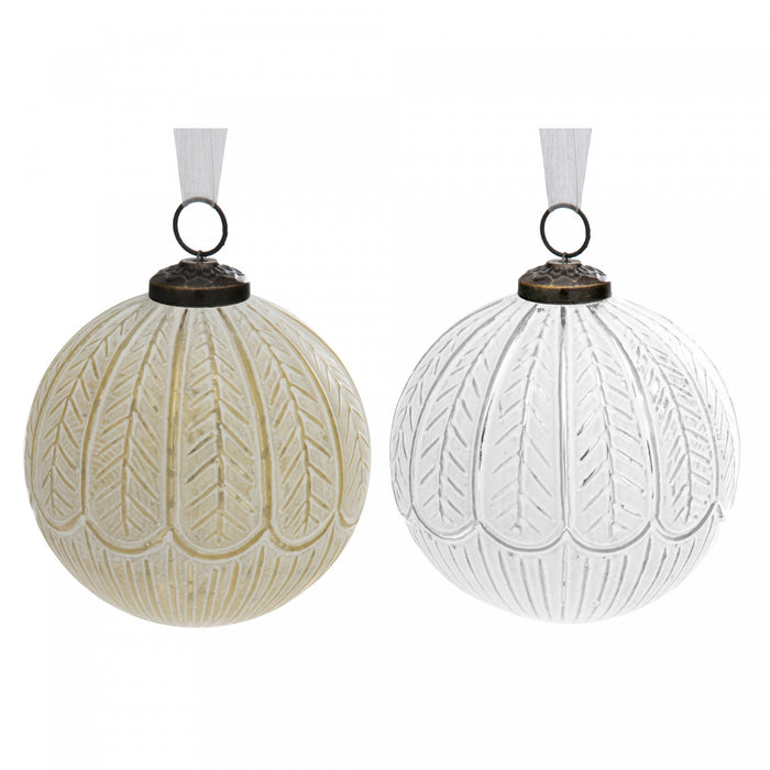Ornement  à motif Art déco de 4 po en verre blanc peint doré ou argenté - ensemble de 4 ornements de Noël