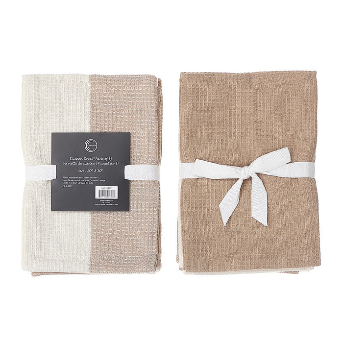 Paquet de 3 linges à vaisselle brun clair à motif gaufré double pour la cuisine
