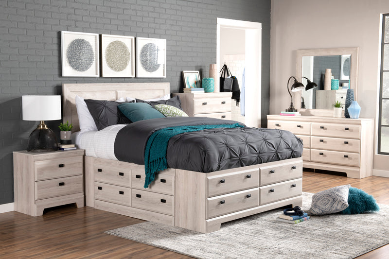 Ensemble de chambre à coucher Yorkdale 6 pièces avec lit de rangement à 12 tiroirs, commode, miroir et table de nuit, blanc - format grand lit