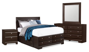 Ensemble de chambre à coucher Yorkdale 6 pièces avec lit de rangement à 12 tiroirs, commode, miroir et table de nuit, brun - format grand lit