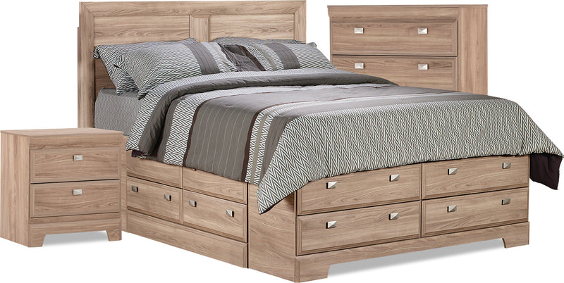 Ens. Yorkdale 5pcs de couleur claire avec lit double de rangement, commode verticale, table de nuit