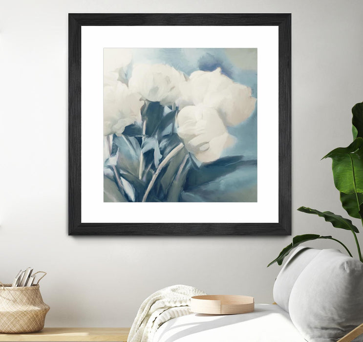 Œuvre d’art murale encadrée noire et mate « White Roses I » 30 x 30