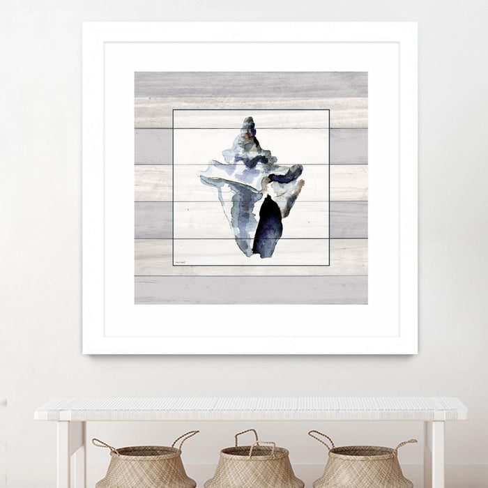 Œuvre d’art murale encadrée blanche et mate « Muted Blue Sea Conch On Wood » 36 x 36