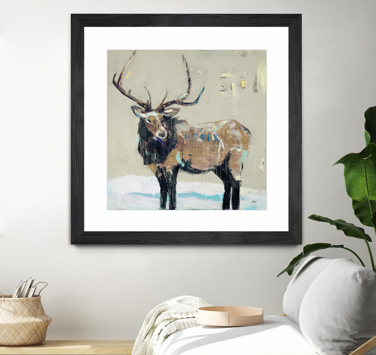 Œuvre d’art murale encadrée noire et mate « Winter Elk Neutral » 30 x 30
