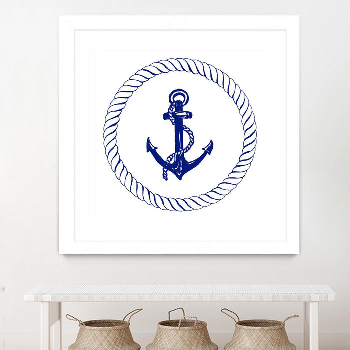 Œuvre d’art murale encadrée blanche et mate « Blue Nautical Circle I » 30 x 30
