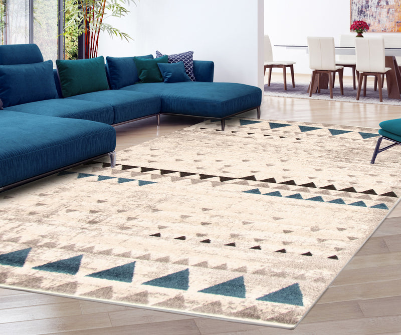 Carpette Raja ivoire-bleu - 5 pi 3 pox 7 pi 3 po