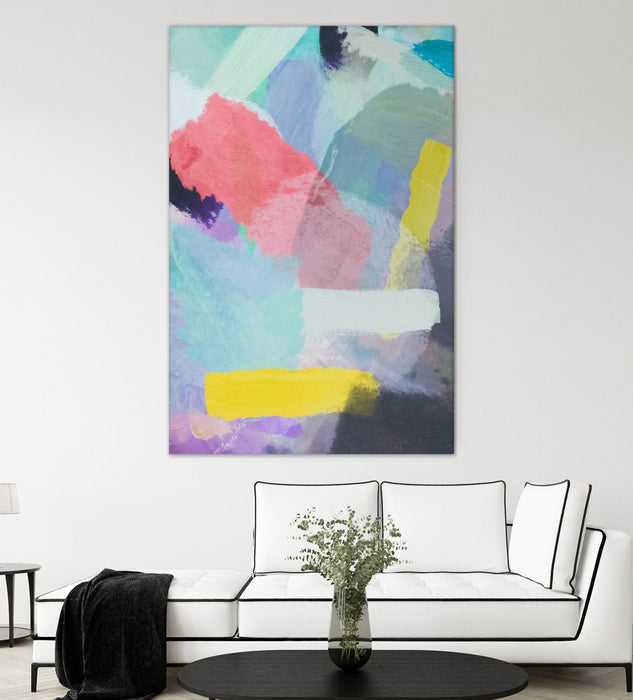 Œuvre d’art murale Giant Art « Brush Painting Texture Abstract In Blue Pink Yellow Green » 84 x 54