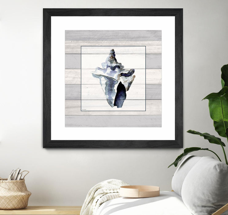 Œuvre d’art murale encadrée noire et mate « Muted Blue Sea Conch On Wood » 30 x 30