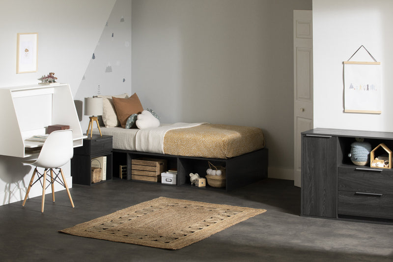 Lit simple plateforme Hourra avec rangement ouvert - chêne gris 