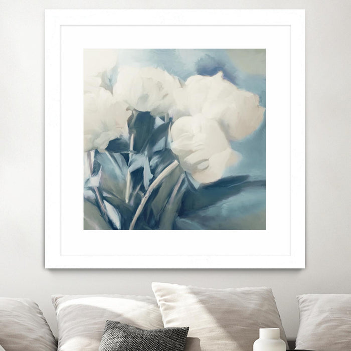 Œuvre d’art murale encadrée blanche et mate « White Roses I » 36 x 36