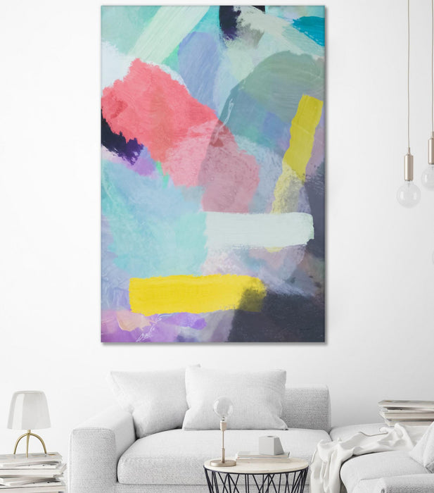 Œuvre d’art murale Giant Art « Brush Painting Texture Abstract In Blue Pink Yellow Green » 84 x 54