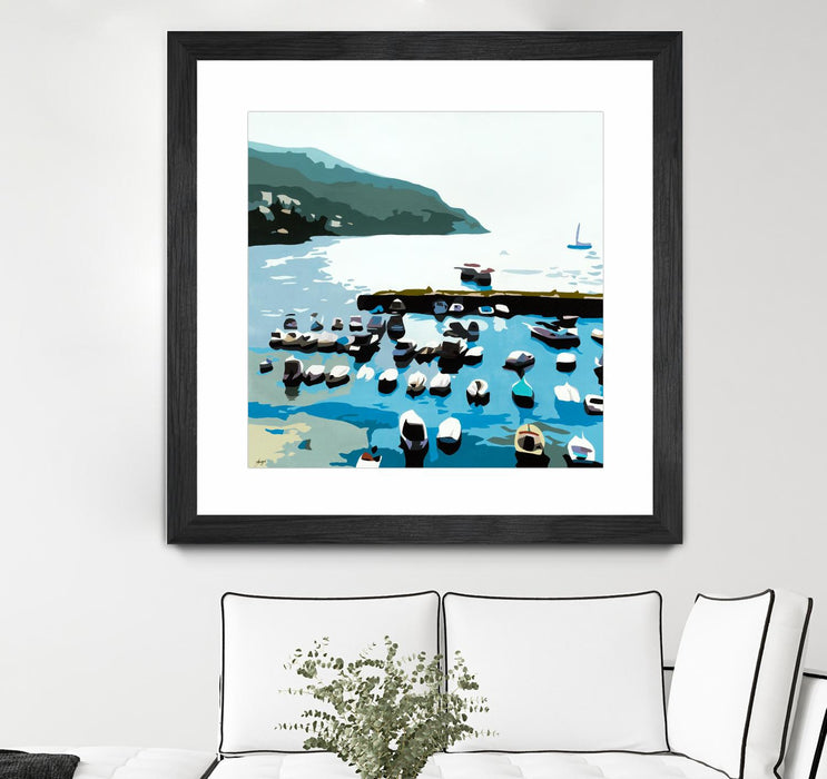 Œuvre d’art murale encadrée noire et mate « Boats » 30 x 30