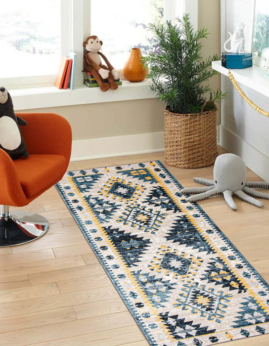 Carpette Mosaic taupe et bleue lavable à la machine - 2 pi 6 po x 8 pi 0 po
