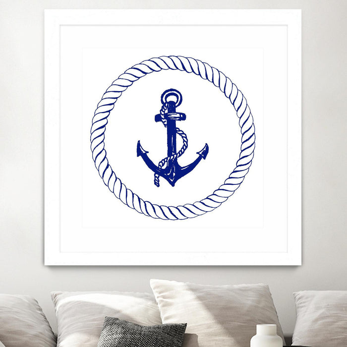 Œuvre d’art murale encadrée blanche et mate « Blue Nautical Circle I » 36 x 36