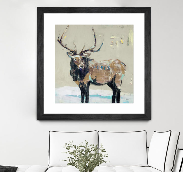 Œuvre d’art murale encadrée noire et mate « Winter Elk Neutral » 30 x 30