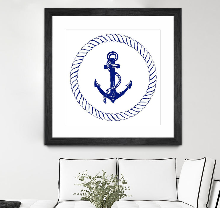 Œuvre d’art murale encadrée noire et mate « Blue Nautical Circle I » 36 x 36