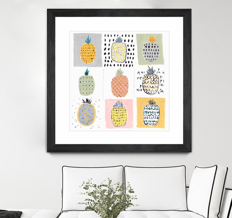 Œuvre d’art murale encadrée noire et mate « Nine Pineapples » 30 x 30