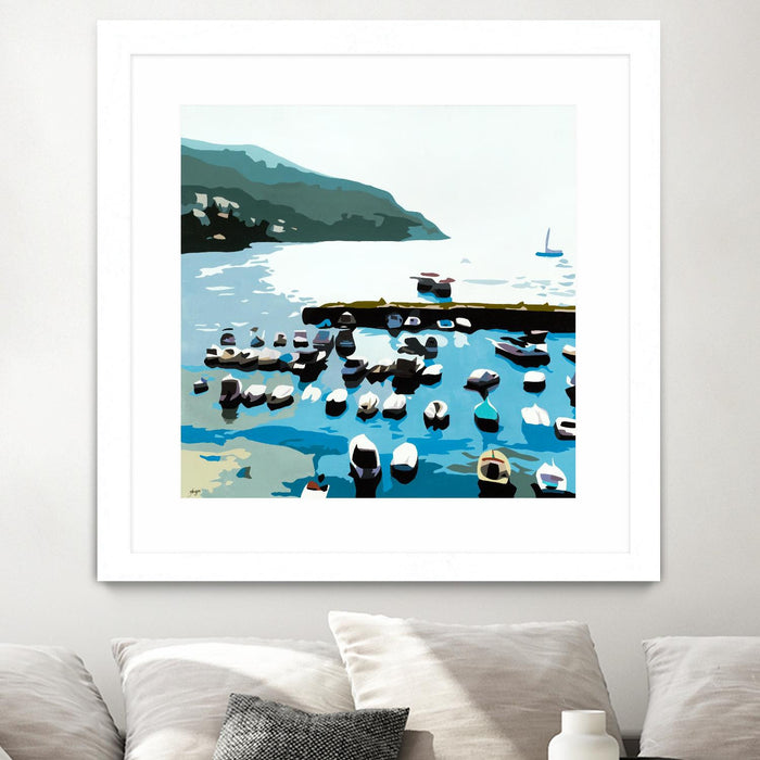 Œuvre d’art murale encadrée blanche et mate « Boats » 30 x 30