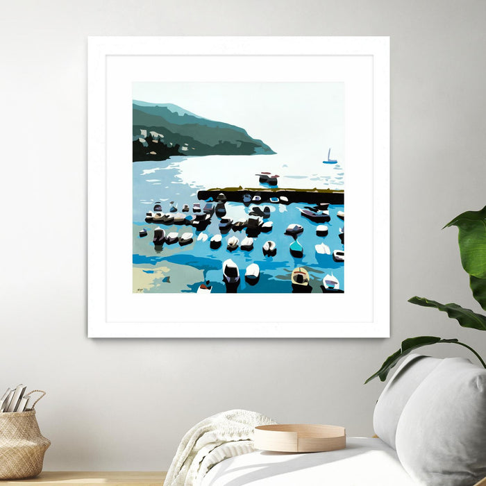 Œuvre d’art murale encadrée blanche et mate « Boats » 36 x 36