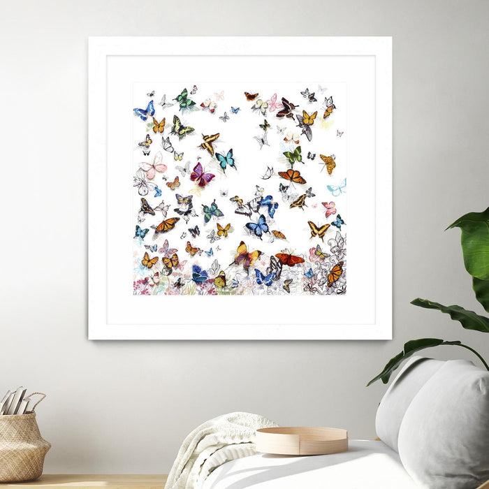 Œuvre d’art murale encadrée blanche et mate « Papillon » 30 x 30
