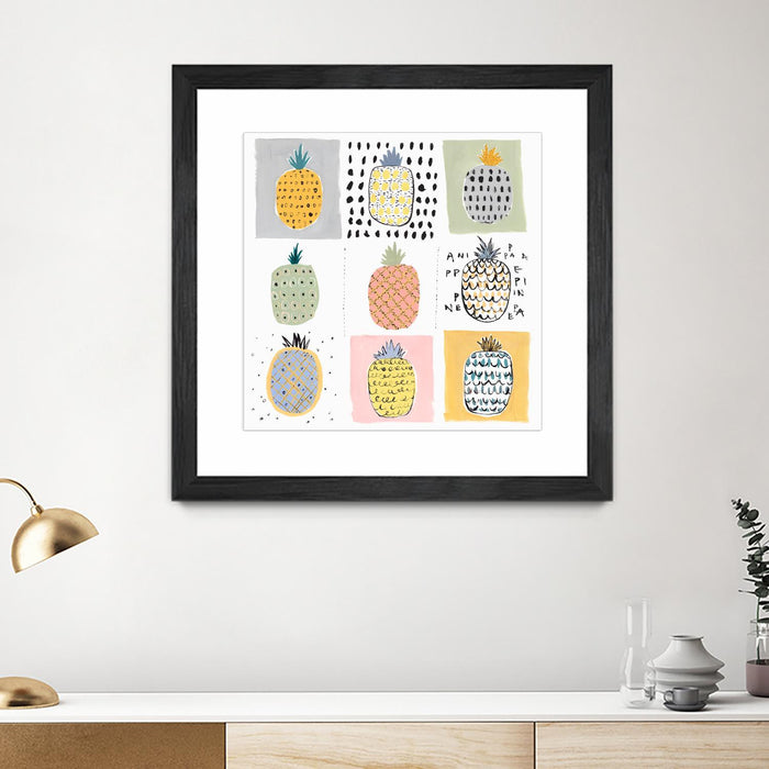 Œuvre d’art murale encadrée noire et mate « Nine Pineapples » 30 x 30