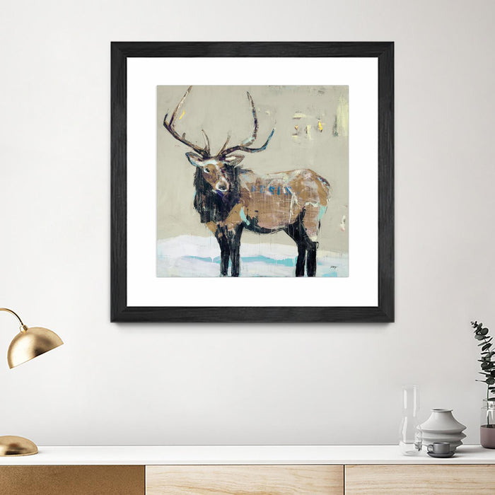 Œuvre d’art murale encadrée noire et mate « Winter Elk Neutral » 30 x 30