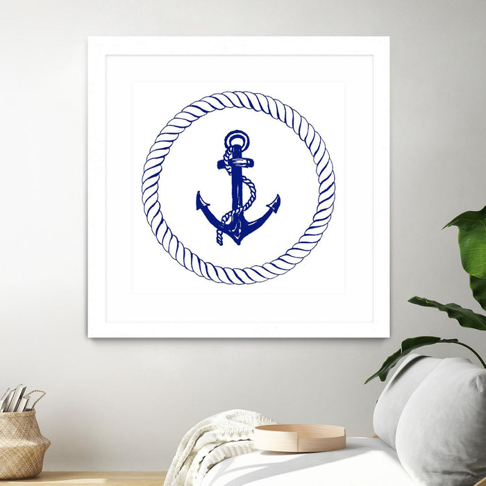 Œuvre d’art murale encadrée blanche et mate « Blue Nautical Circle I » 30 x 30