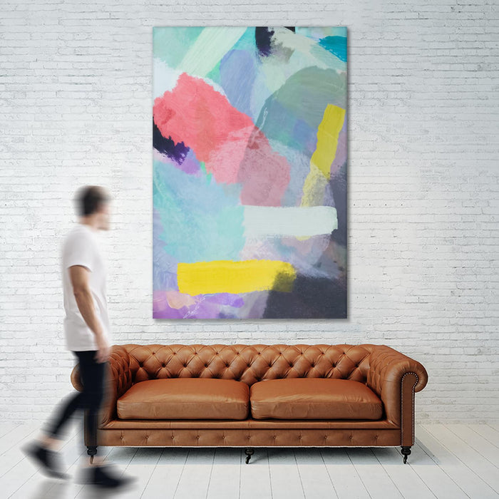 Œuvre d’art murale Giant Art « Brush Painting Texture Abstract In Blue Pink Yellow Green » 72 x 48